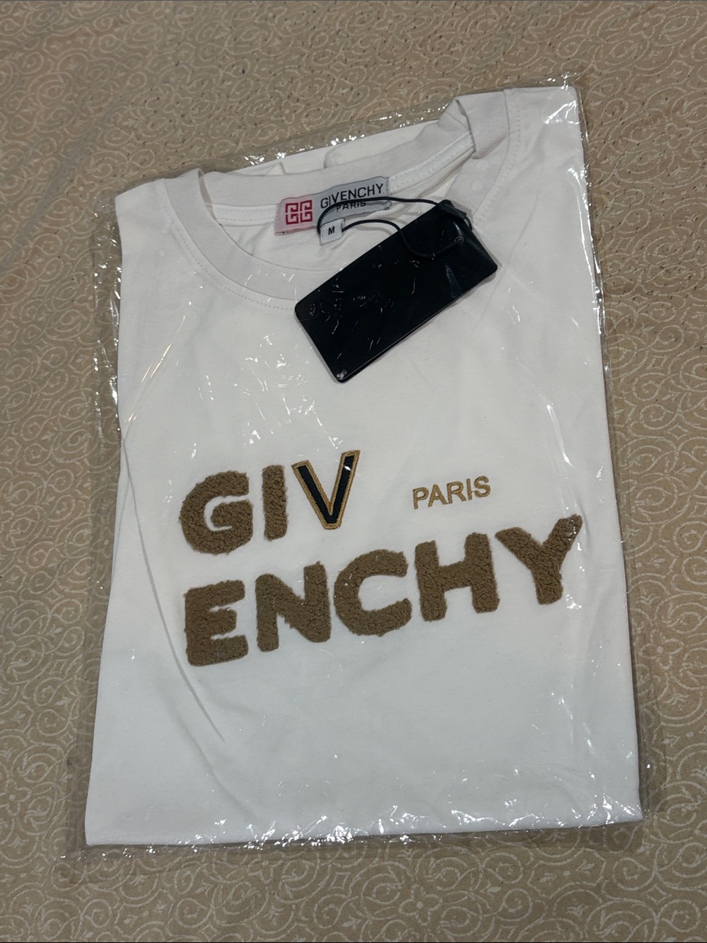 Givenchy White Short Sleeve Logo Tee with Beige Accents